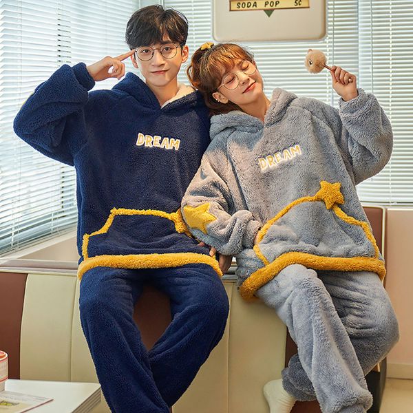 

men's sleepwear winter men's warm pajama sets thick flannel pyjama fashion hooded autumn couple male pijama cartoon pajamas for me, Black;brown