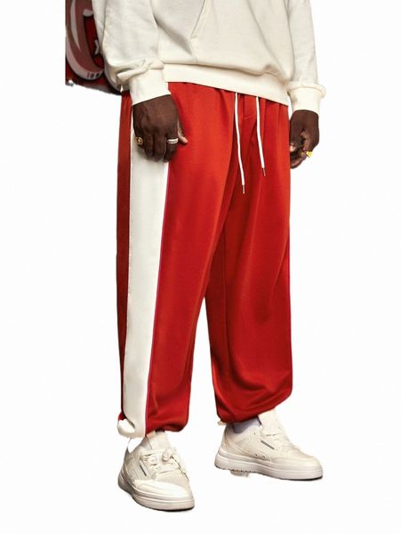 

men's pants extended sizes men contrast side seam drawstring waist sweatpants 26xp#, Black