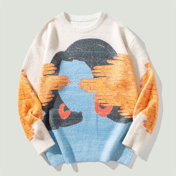 

mens sweaters hip hop mens knitted sweater harajuku abstract graffiti pritned oversized casual oneck pullovers winter streetwear 220829, White;black