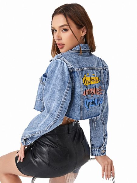 

women's jackets slogan graphic frayed hem denim jacket m2o6#, Black;brown