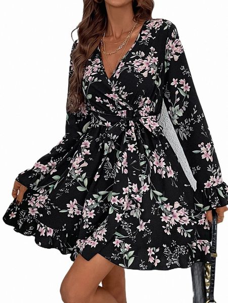 

casual dresses floral print flounce sleeve belted dress j8td#, Black;gray