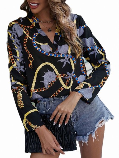 

women's blouses & shirts chain print notched neck blouse n8hn#, White