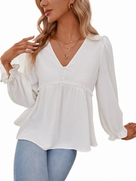 

women's blouses & shirts frill trim flounce sleeve peplum blouse b3wi#, White