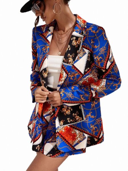 

two piece dress chain & scarf print single button blazer & shorts 15is#, White