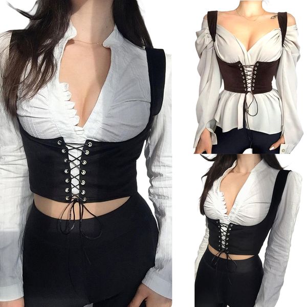 

womens shapers gothic punk vintage bandage corset aesthetic eyelet lace up skinny corsets grunge goth accessories dress underbust 220830, Black;white