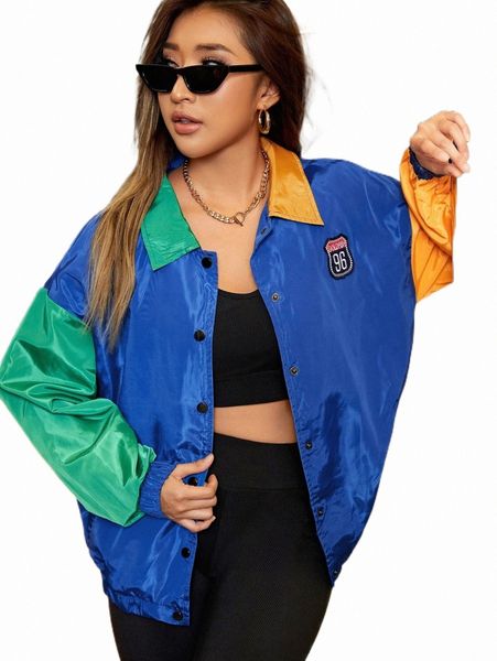 

women's jackets patch detail colorblock drop shoulder jacket r05j#, Black;brown