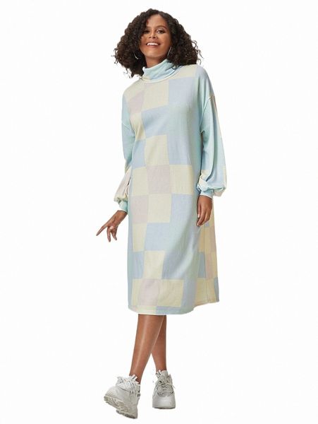 

casual dresses x nympheria turtle neck lantern sleeve plaid dress a7wz#, Black;gray