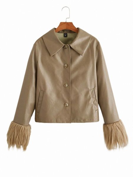 

women's jackets fuzzy cuff single breasted pu leather jacket y4vp#, Black;brown