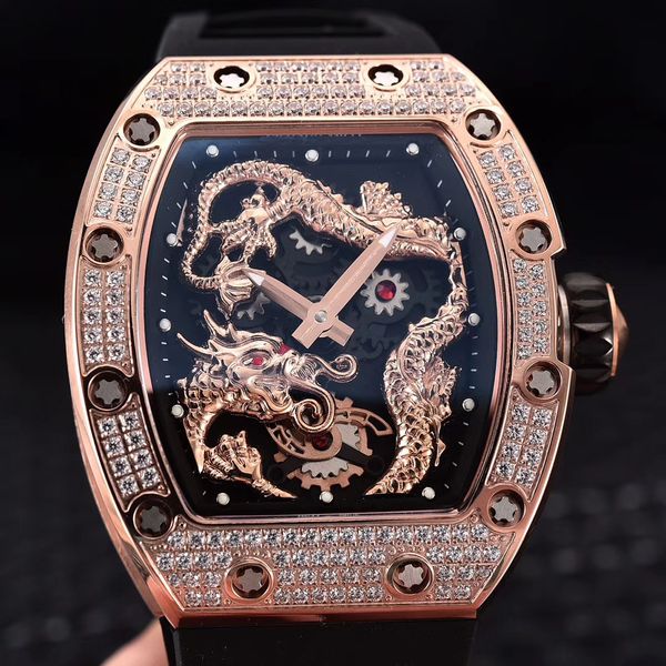 

men watch automatic mechanical black rubber dragon rose gold diamonds, Slivery;brown