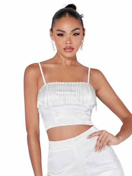 

women's tanks & camis bae rhinestone fringe trim satin cami z2cq#, White