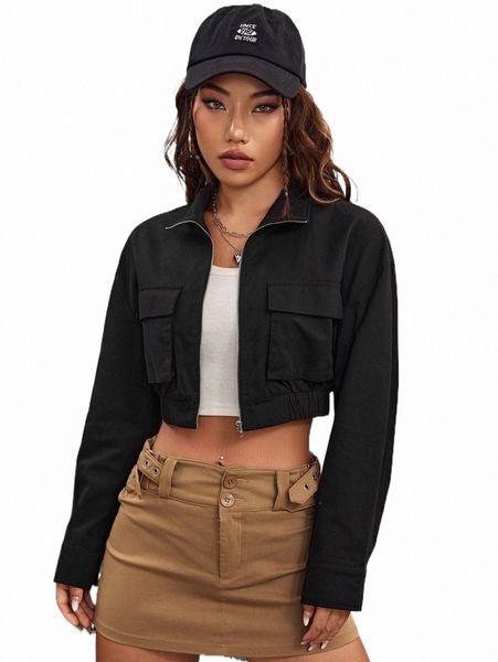 

women's jackets flap pocket drop shoulder crop jacket f61p#, Black;brown