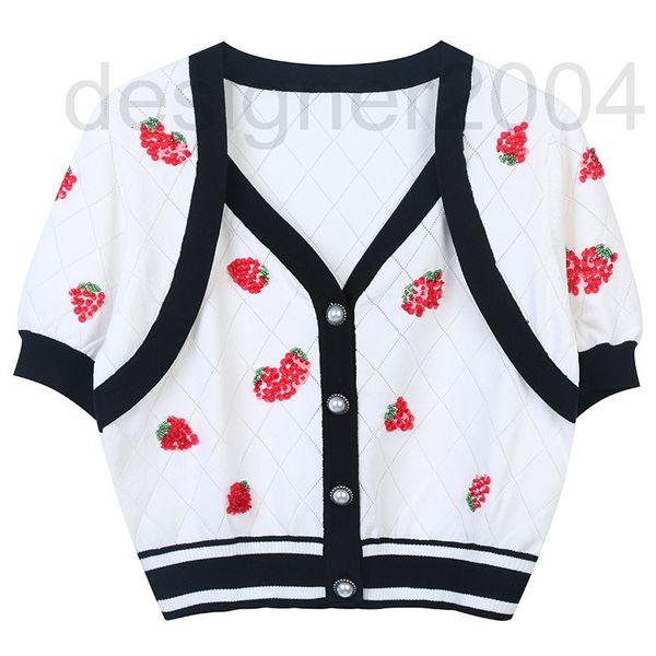 

women's sweaters designer summer knitted cardigan women's 2022 new stripe color matching beads strawberry design sweet aging short, White;black