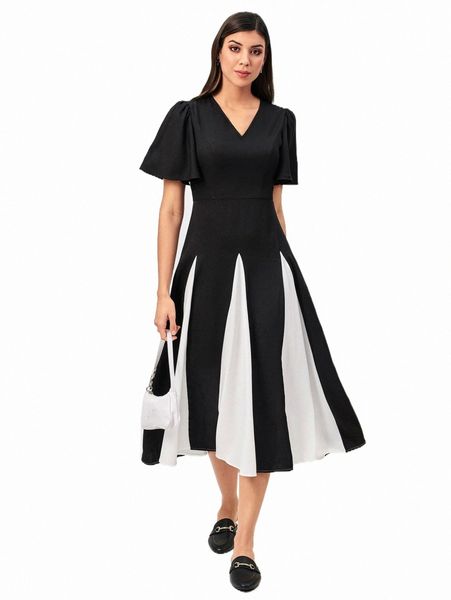 

casual dresses modely butterfly sleeve colorblock dress s09y#, Black;gray