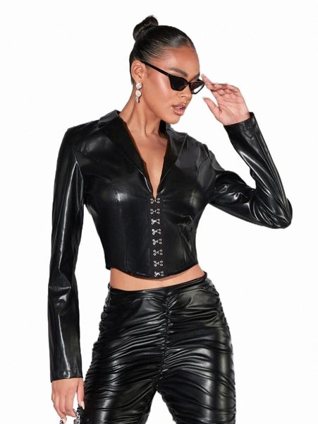 

women's two piece pants bae hook and eye crop pu leather blazer c7gg#, White