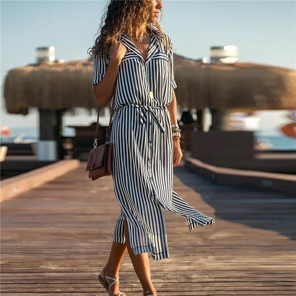 

casual dresses office ladies long sleeve striped shirt dress women turn-down collar long chiffon beach dress large size elegant party dress, Black;gray