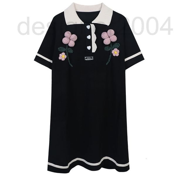 

casual dresses designer high end women's clothing summer new knitted dress cartoon pattern three-dimensional flower embroidery sweet la, Black;gray