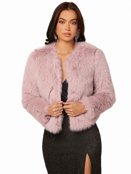

women's fur & faux fur solid open front fuzzy coat q8vr#, Black