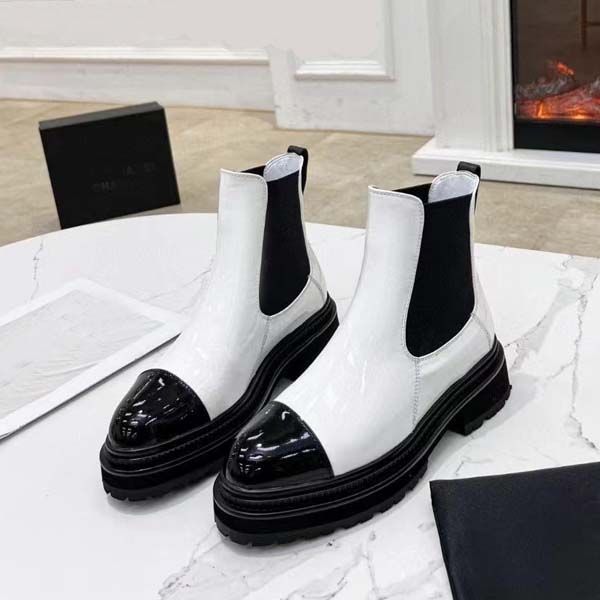 

new designer women boots elastic force genuine leather patent leather thick bottom desert boot platform middle heel autumn and winter shoes, Black