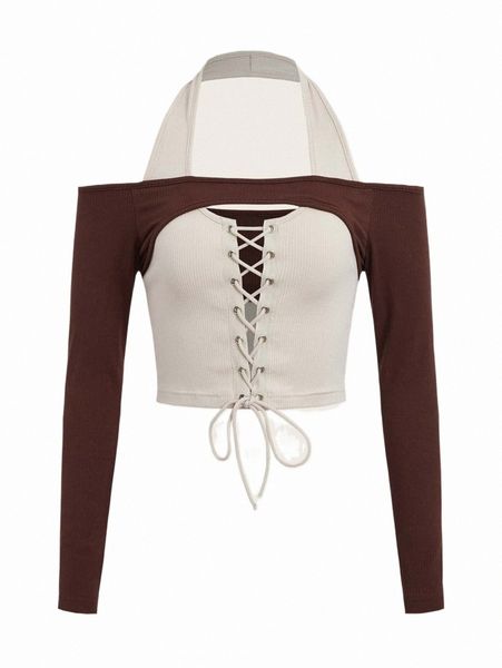 

two piece dress two tone grommet lace up front halter & bolero z4ja#, White