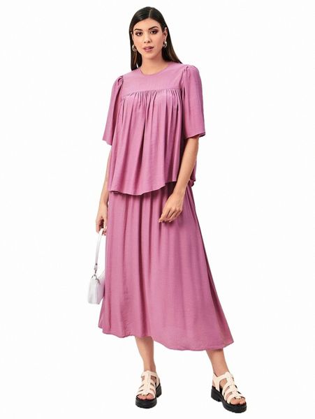 

two piece dress modely puff sleeve fold pleated & skirt set b2xs#, White