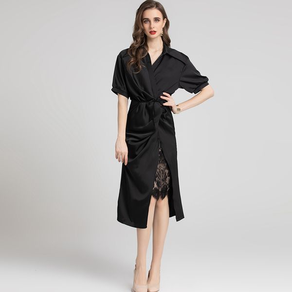 

women's runway dresses turn down collar short sleeves lace patchwork elegant fashion deisgner dress, Black