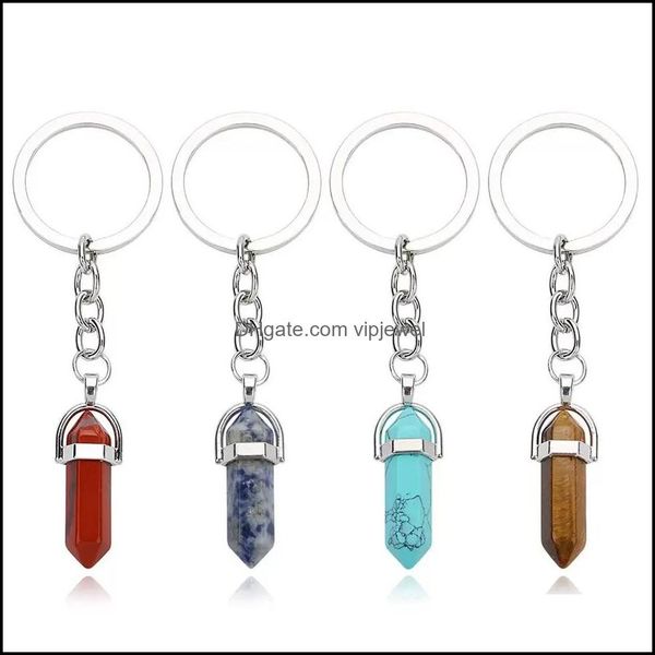 

keychains natural stone crystal key rings handbag dangle holder keychains hexagonal column pendum amet real agates tiger eye vipjewel dhndq, Silver