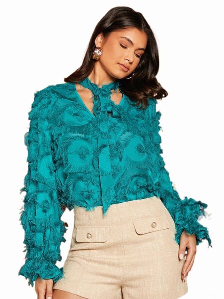 

women's blouses & shirts tie neck fringe overlay blouse r7hv#, White