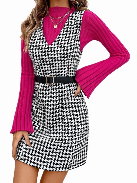 

casual dresses houndstooth print tweed dress without tee and belt r9n4#, Black;gray