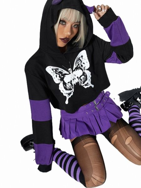 

women's hoodies & sweatshirts colorblock butterfly print crop hoodie 60tt#, Black