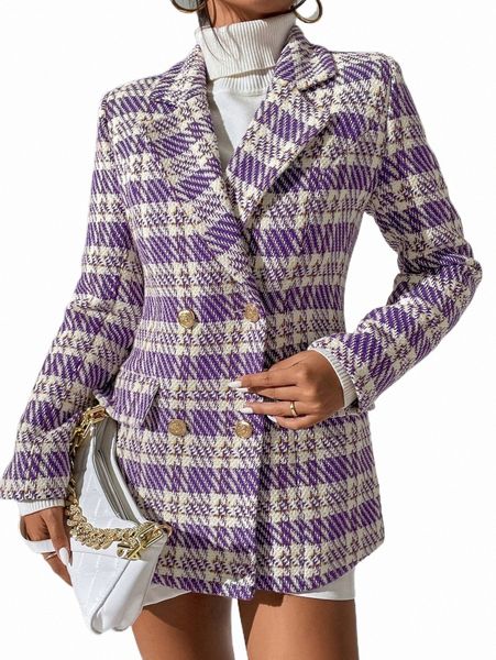

women's two piece pants plaid lapel neck double breasted blazer m7q4#, White