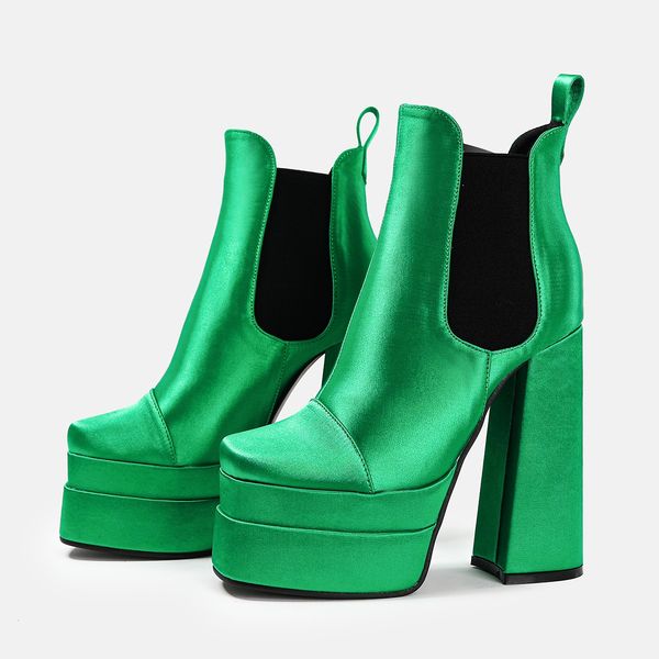 

leather ultra-high-heeled green fashion boots for women platform thick-heeled moto boots knight shoes slip-on, Black
