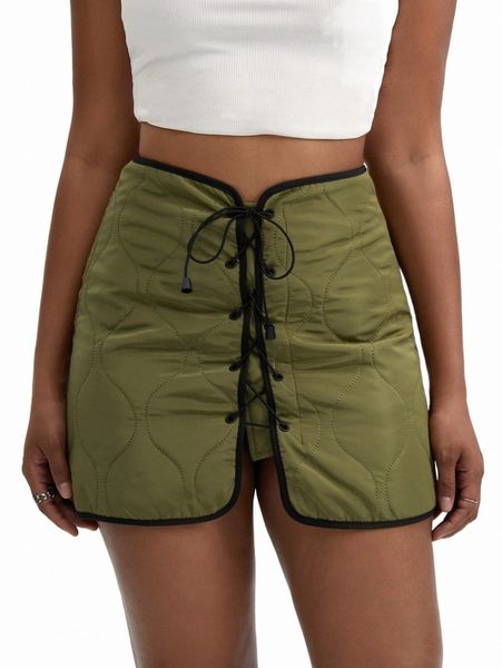 

skirts x auralite lace up front contrast binding skirt a30y#, Black