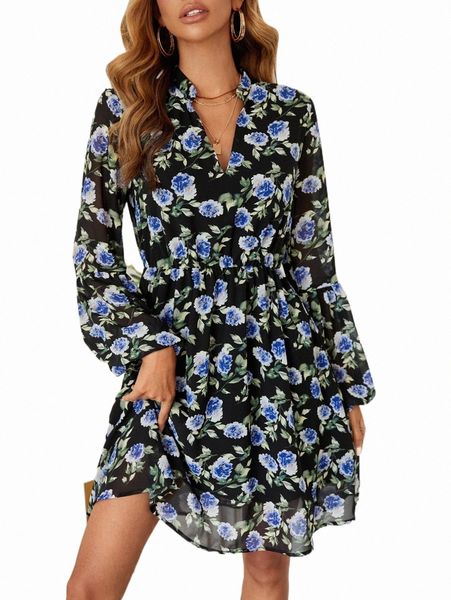 

casual dresses allover floral print lantern sleeve dress q1az#, Black;gray