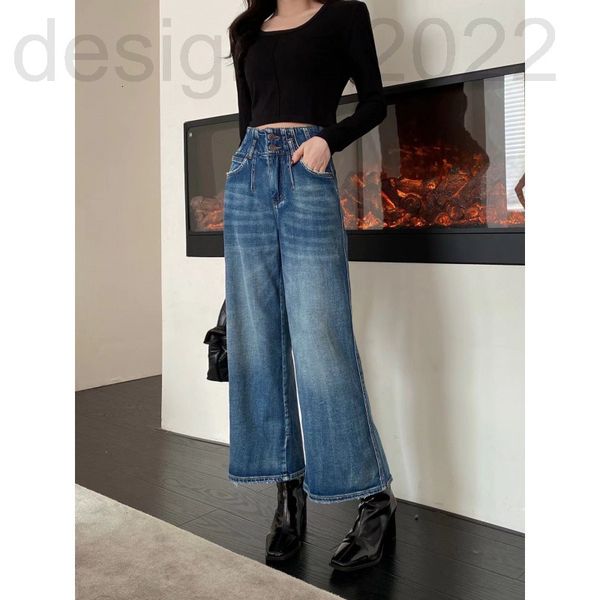 

women's jeans designer ce early spring double high waist washed 9-point pants showing thin hips covering legs wide leg jeans female wxj, Blue
