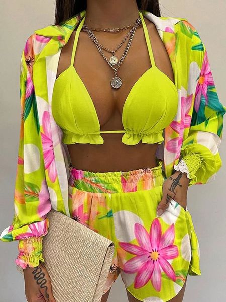 

two piece dress summer women's three piece suit fashion holiday style solid color printing casual 3 piece sets beach outfits female 220, White