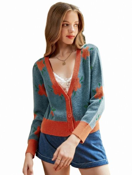 

women's sweaters mod floral pattern contrast trim cardigan 711i#, White;black