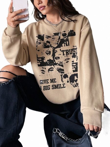 

women's hoodies & sweatshirts figure & letter graphic drop shoulder sweatshirt k6zm#, Black