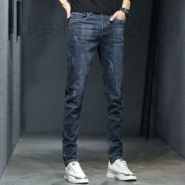 

men's jeans designer spring and summer new korean rust flower slim fit feet elastic brand pants z721, Blue