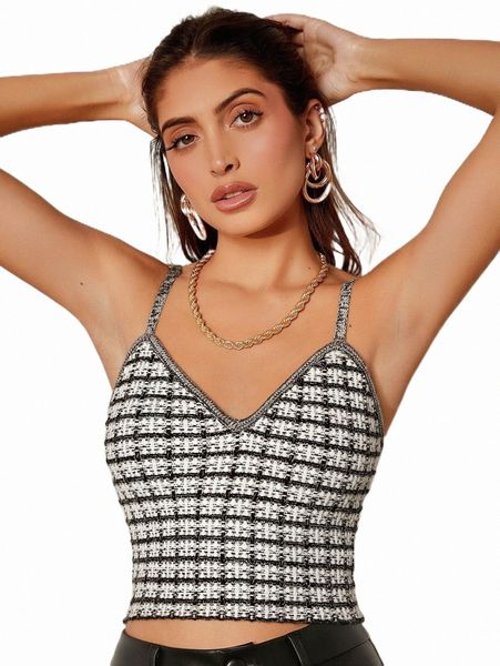 

women's sweaters plaid pattern crop cami knit r8fv#, White;black