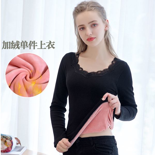 

womens thermal underwear winter fashion slim bodycare lace collar design fleece woman clothing warm pullover 220830, Black;pink