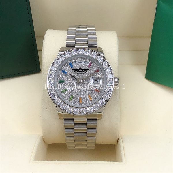 

6 style watches 40mm full diamond dail big diamond 128396 m128396tbr-0006 president 18k automatic mechanical mens watch men's wristwatc, Slivery;brown