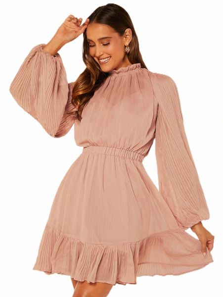 

casual dresses frilled neck lantern sleeve ruffle hem dress k2ic#, Black;gray