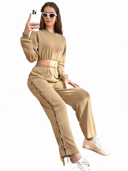 

two piece dress solid drop shoulder crop sweatshirt & pants n8rz#, White