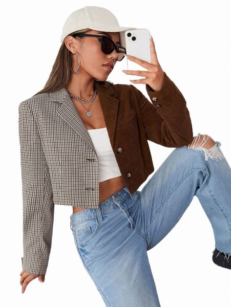 

women's jackets colorblock plaid panel crop jacket g9ka#, Black;brown