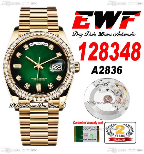 

ewf day date 128348 a2836 automatic watch mens ladies yg diamonds bezel green diamond dial presidential bracelet same serial card super edit, Slivery;brown