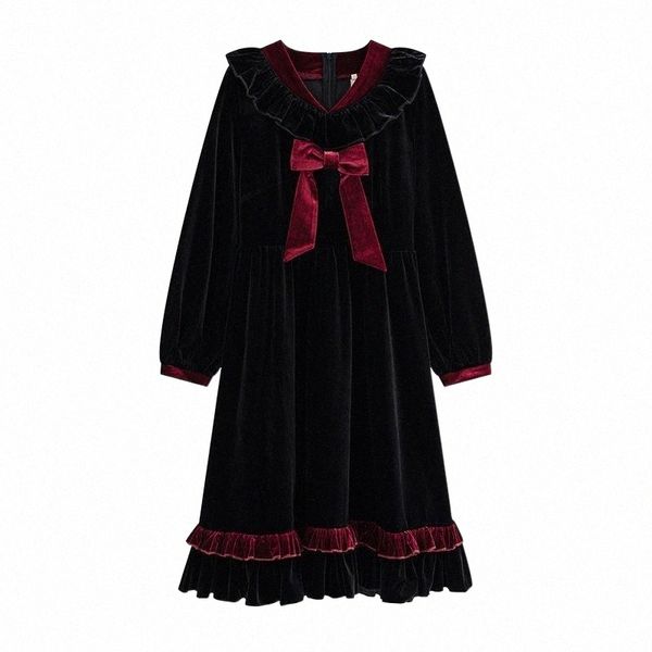 

casual dresses casual dresses lolita sweet velvet long dress teen girls black kawaii vintage women midi cute red bow elegant fashion christm, Black;gray