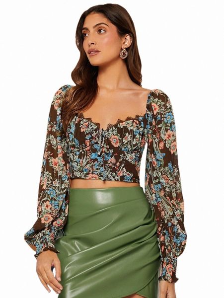 

women's blouses & shirts floral print lace trim crop blouse u7ta#, White
