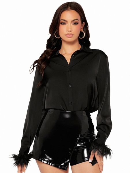 

women's blouses & shirts fuzzy cuff satin shirt 96bz#, White