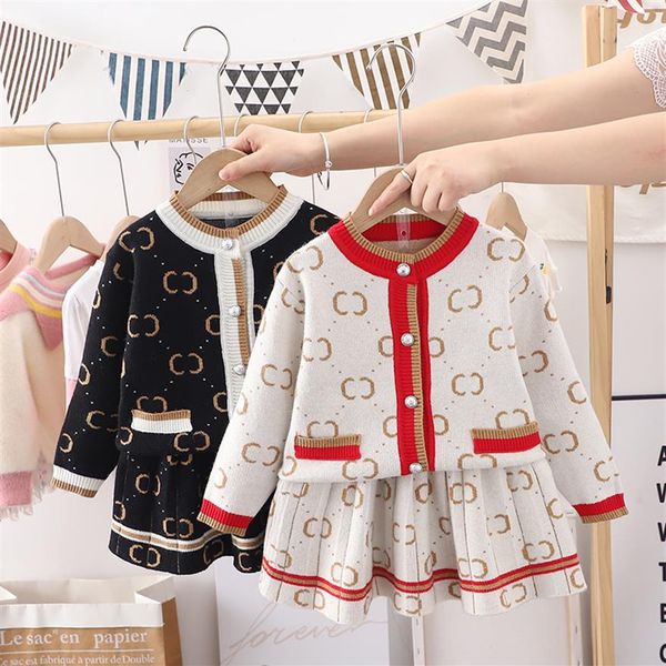 

kids clothing sets baby girls two-piece dress set designers knitted sweater suits sweaters and skirt princess dresses clothes black red260p, White