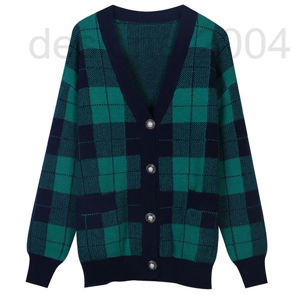 

women's sweaters designer french spring new green plaid jacquard lazy wind loose v-neck knitted cardigan sweater women's coat fash, White;black